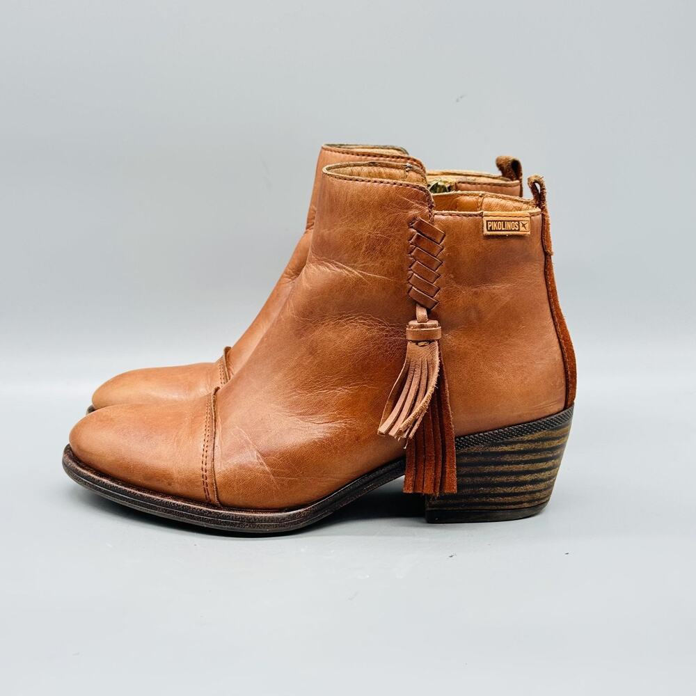 Pikolinos Boots Womens 6.5 Brown Leather Ankle Tassel Zip Block Heel Booties - Picture 4 of 10